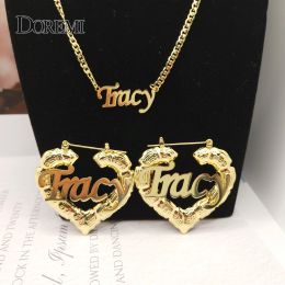 Necklaces DOREMI Name Earrings and Necklace set Heart Bamboo Earrings 3MM Cuban Chain Custom Bamboo HoopLetter Personalised Name Earrings