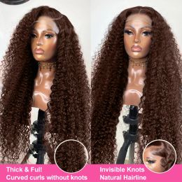 13x4 Chocolate Brown Lace Front Wig Deep Wave Frontal Wig HD Lace Front Human Hair Wigs Pre Plucked Colored Curly Synthetic Wig