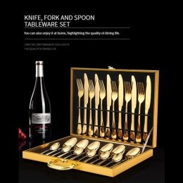 Sets 24 Piece Stainless Steel Western Tableware Household Knife, Fork, Spoon, Tea Spoon 4 Piece Wooden Box Craft Gift Box Set