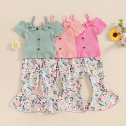 Clothing Sets FOCUSNORM 1-5Y Toddler Kid Girls Clothes Set 2pcs Short Sleeve Off Shoulder Bow T-shirt With Flower Print Flare Pants