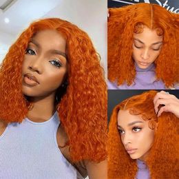 Ginger Orange Curly Water Wave Lace Front Wigs Human Hair Glueless Short Lace Bob Coloured Wigs For Black Women