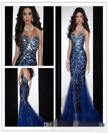 Cheap Mermaid Sweetheart Open Back Crystals Beaded Sequined Diamond Organza Prom Gown Royal Blue Evening Dresses with Crystal3177382