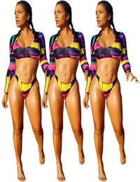 2019 New women summer tie dye Colourful print long sleeve crop top pant suit two piece set bodycon beach swimsuit swim wear6760232