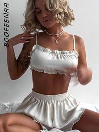 Women's Tracksuits BOOFEENAA White Satin 2 Piece Short Sets Women Outfit 2024 Summer Clothes Cute Sexy Lounge Wear Pajama Lingerie C96-CC13