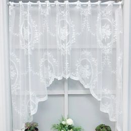 Curtains 1PCS White Sheer Lace Swag Valance Sheer Curtains for Kitchen Doorway Partition Hollow Transparent Floral Voile Patio Drapes