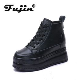Fujin 9cm Genuine Leather Women Casual Shoes Chunky Sneakers Za Platform Wedge Hidden Heel Height High Top Women Vulcanised Shoe 240309