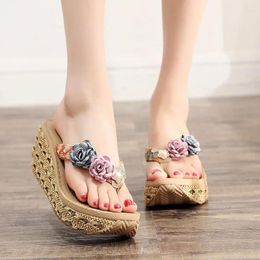 Slippers Comemore Female Floral Flip-Flop Bohemian Wedges Sandals 7cm High Heel Women Wedge Non-Slip Outdoor Slipper Summer Beach Shoes