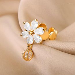 Cluster Rings Zircon Crystal Water Drop Petals Open For Woman Stainelss Steel Luxury Gold Colour Wedding Ring Trend Jewellery Unusual Gift