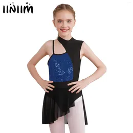 Stage Wear Kids Girls Ballet Leotard Jazz Dance Dress Lyrical Costume Round Collar Off Shoulder Shiny Sequins Ballerina Tutu