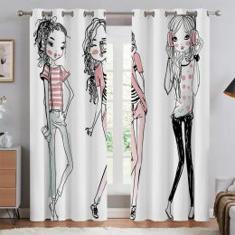 Curtains 2pcs Animated Cartoon Fashion Girl Print Curtains, Polyester, Bedroom Kitchen Living Room Dining Room Decoration Curtains