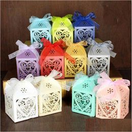 Gift Wrap 100Pcs/Set Heart Laser Cut Hollow Carriage Baby Shower Favours Boxes Gifts Candy Favour Holders With Ribbon Wedding Party Su Dhfum