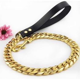 Dog Leash Pet Collar Lead Stainless Steel Super Strong Gold Collar Chain Customized 32mm Bulldog Pitbull Large Dog Collar Leash 20177y