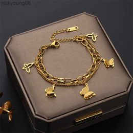 Bangle 316L Stainless Steel New Fashion Upscale Jewellery Multi-element 2 Layer Frosted Butterflys Charm Chain Thick Bracelets For WomenL2403