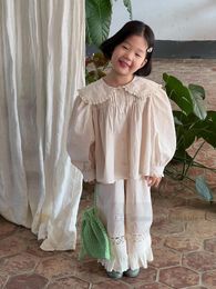 Sweet Girls Princess Clothes Sets Kids Doll Lapel Puff Sleeve Shirt Lace Hollow Embroidery Falbala Pants 2pcs 2024 Spring Children Outfits Z7138