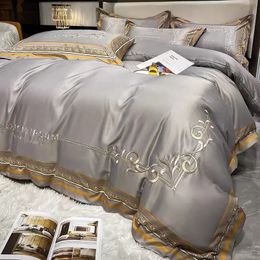 Summer Ice Silk 4Pcs Set Light Luxury Highgrade Bed Sheet Duvet Cover Tencel Cool Feeling Bedding Embroidery Home Textile 240306