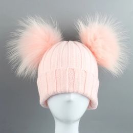 Two Pompom Fur Hat Baby Boy Girl Knitted Beanie Winter For Kids Children Double Real Natural Pom 240227