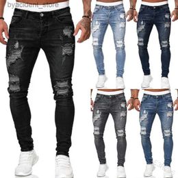 Men's Jeans Men Jeans Knee Hole Ripped Stretch Skinny Denim Pants Solid Colour Black Blue Autumn Summer Hip-Hop Style Slim Fit Trousers S-4XL L240313