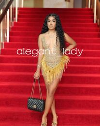 Gold Sparkly Short Prom Homecoming Dresses for Black Girl 2024 Luxury Diamond Crystal Feather Birthday Gala Gown Sheer Mesh