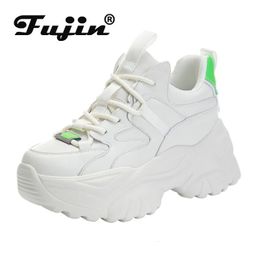 Fujin Genuine Leather Women Sneakers Chunky Shoes Dad 8cm Platform Wedge Sneakers Hidden Heel Casual Shoes Spring Autumn Summer 240309