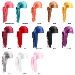 Wholesale Durag silk Long Tail Scarf Cap Mens Satin Durags Bandanna Turban Wigs Men Silky Durag Headwear Pirate Hat 13 colors 240311