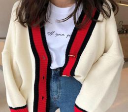 Women Autumn v neck patchwork cardigan sweater coat white loose plus size long sleeve pull femme jersey knitted tops Y2007223710209