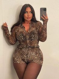 Women's Tracksuits 2024 Vintage Women Leopard Print Long Sleeves Top Slim Shorts Suit Fashion Female O Neck Single Breasted Shirt Sexy Lady