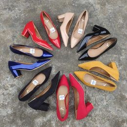 Dress Shoes FHANCHU 2024 Women Pumps Flock High Heels Office Work Solid Colours Pointed Toe Black Yellow Red Blue Big 37-41 Dropship