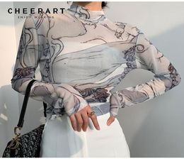 CHEERART Turtleneck Mesh Blouse Women Renaissance Print Long Sleeve See Through Top Ladies Sheer Designer Top Clothing LJ2008314101193