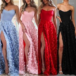 Casual Dresses 3D Embroidered Tube Top Mesh Sexy Elegant Tulle Floral Back Tie Hem Slit Prom Formal Evening Dress Maxi