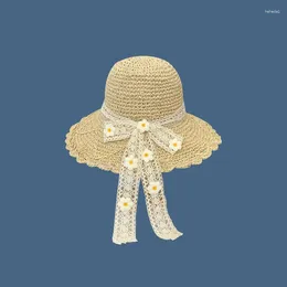 Wide Brim Hats 2024 Women's Summer Bucket Folding Lace Bow Straw Hat Panamas UV Protection Sun Visor COOL Seaside Beach Tide