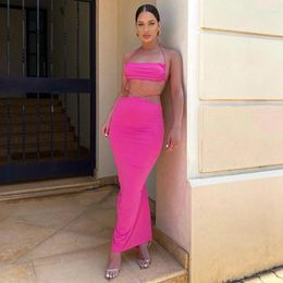 Work Dresses Women Halter Crop Top Midi Skirt 2 Pieces Set Sexy Ruched Bandage Dress Sets Outfits Y2K Backless Co-Ord 2024 Summer