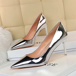 Fashion Women Patent Leather Shallow Thin High Heels Shoes Pointed Toe Gold Silver Heels Pumps Female Tacones Mujer Large Size 240304