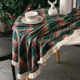 Pads Linen Christmas Tablecloth Dyed Green Plaid Holiday Village Home Textile New Year Rectangular Tablecloths Dining Table Cover