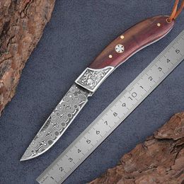 Camping Hunting Knives Folding Outdoor Knife Wooden Handle Damascus Steel Portable Survival Knife Knives For Fruit Cutter Home EDC Camping Tool 240312