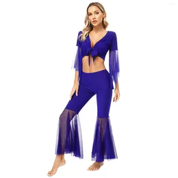 Stage Wear Belly Dance Costume Set For Women Mesh Flared Sleeves Crop Top And Pants 2pcs Training Oriental Dancing Outfits