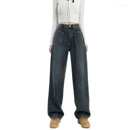 Women's Jeans Square Double Pocket High Street Design Relaxed Wide Leg Pants College Versatile Straight Denim