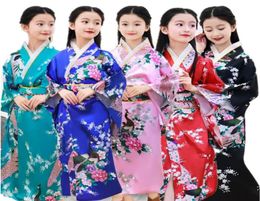 8Color Traditional Japanese Girls Kimono Asian Obi Dress Silk Print Peacock Long Sleeve Fashion Haori Clothing Kids Dresses Ethnic7738290