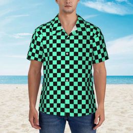 Men's Casual Shirts Checkerboard Vacation Shirt Green And Black Checkers Hawaiian Men Novelty Blouses Short Sleeves Harajuku Clothing