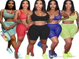 Summer Sheer Yoga Pants Outfits For Women Designer Clothing Sexy Mesh Crop Top Vest And Perspective Shorts 2 Piece Sportswear4314872