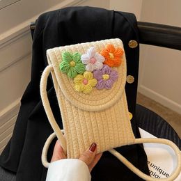 Cotton Cord Mobile Phone Bag Women's Crossbody Mini Handwoven Flower Zero Wallet Beach Vacation