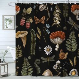 Curtains Vintage Mushroom Shower Curtains Nature Forest Woodland Butterfly Plants Flowers Bath Curtain Black Bathroom Decor with Hooks