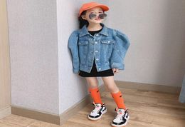 Fashion kids puff sleeve cowboy jackets children singlebreasted denim jacket girls casual tops A39989059769