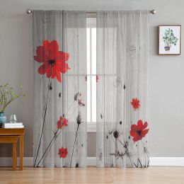 Shutters Youth Bedroom Sheer Curtains Retro Wood Grain Red Poppies Kitchen Study Curtains Living Room Holiday Decor Tulle Curtains