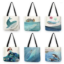 Shopping Bags Women Bag Cute Whale Sea Series Shopper Japanese Large Capacity Vintage Shoulder Cartoon Linen Fabric