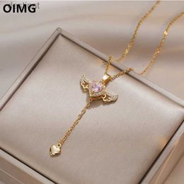 Pendant Necklaces OIMG 316L Stainless Steel Gold Colour Cupid Angels Wings Pendant Necklace For Women Girls Clavicle Chain Party Jewellery GiftL242313