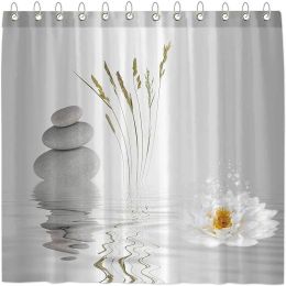 Curtains Zen Stone Shower Curtain Bathroom Wild Grass Reflection in Water Home Bathtubs Curtain Decor Polyester Fabric