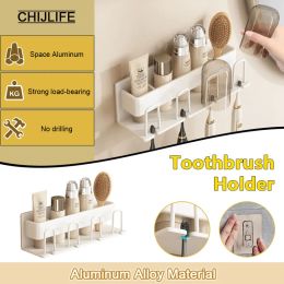 Holders Aluminium Alloy Wall Mounted Toothbrush Holder Toothpaste Storage Rack Organiser Shelf Bathroom Accessories No Drill Hot Sale