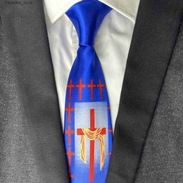 Neck Ties New Design Ties Jesus Church Christian Neckties Royal Blue with Red Cross Printed Neck Ties for Men Thanksgiving Christmas Gift L240313