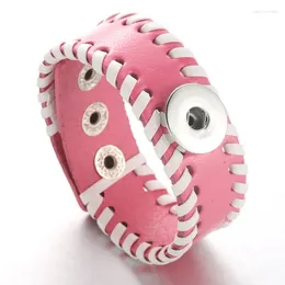 Charm Bracelets Pink Snap Leather Bracelet Retro Handmade Braided Button Bangles Fit 18MM Jewellery 4397