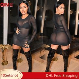 Casual Dresses 10 Wholesale Mesh Dress Sets Sexy See Through 3 Piece Outfits Bikini Long Sleeve Sheer Mini Night Club Wear 081